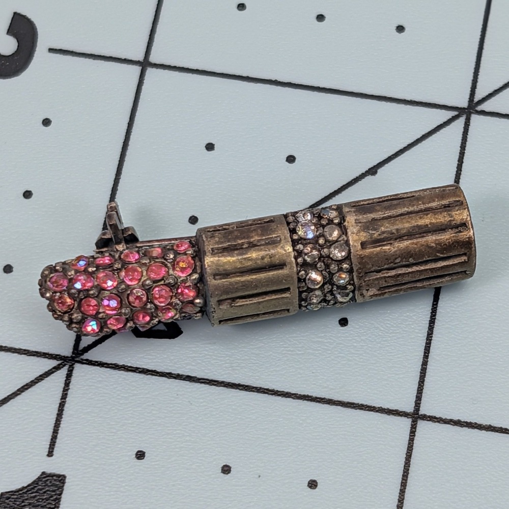 Vintage Lipstick Tube Brooch Pink Rhinestone Bronze Tone Novelty Pin 1.25 Inch